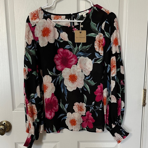 Blu Pepper Tops - Blu Pepper Black and Pink Floral Blouse